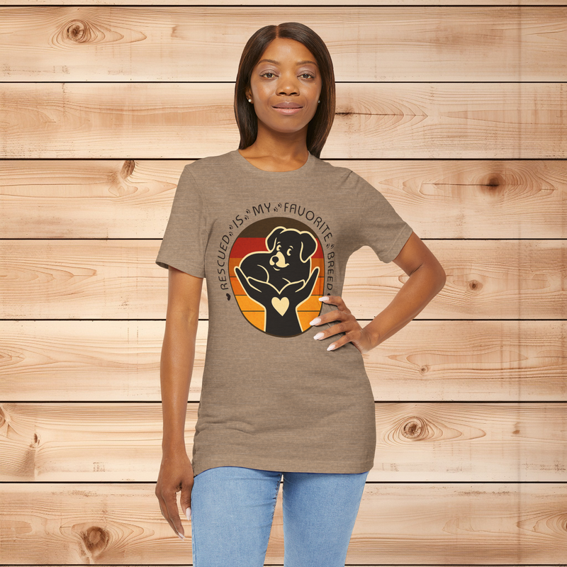 Model wearing Rescued Is My Favorite Breed T-Shirt in Heather Tan – Ethically Made Dog Adoption Tee by Peaceful Nature Designs