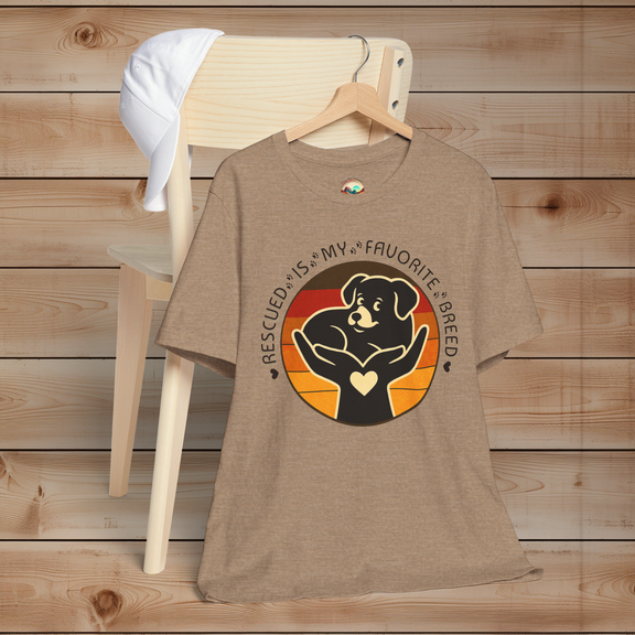 Rescued Is My Favorite Breed T-Shirt in Heather Tan – Ethically Made Bella Canvas Dog Rescue Shirt
