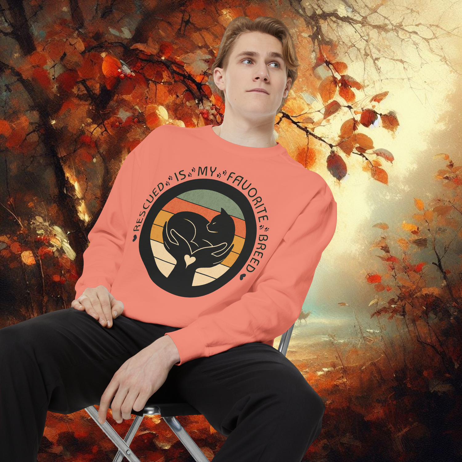 Model wearing terracotta Comfort Colors 1566 sweatshirt with ‘Rescued Is My Favorite Breed’ animal rescue design, cozy fall nature background