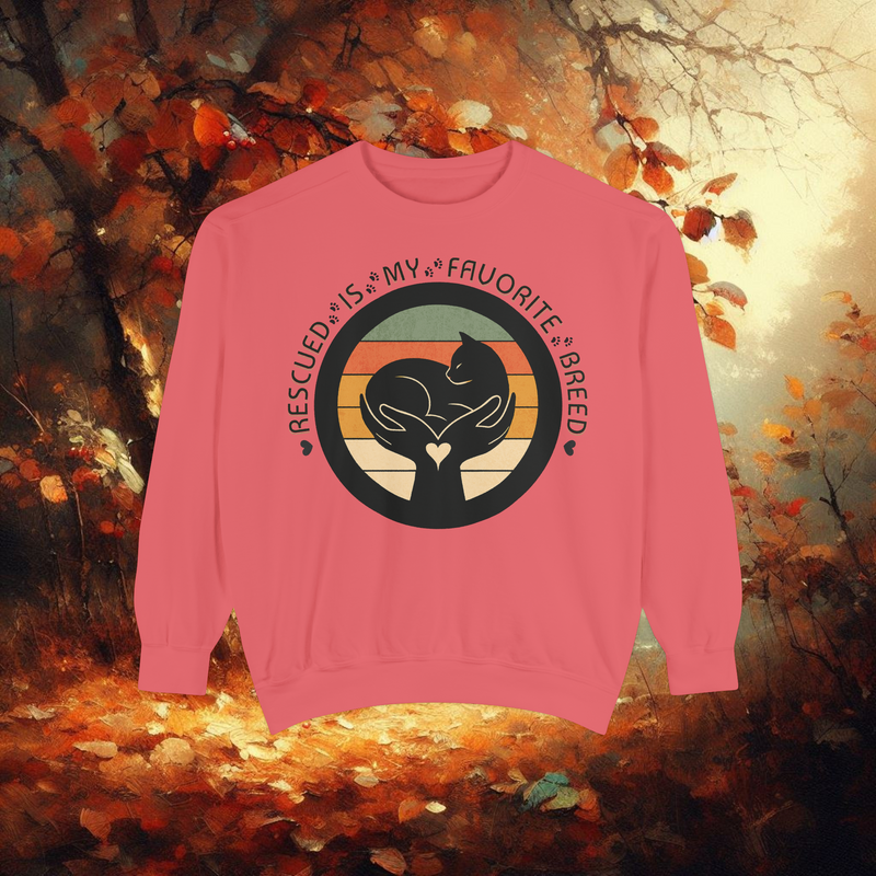 Watermelon pink Rescued Is My Favorite Breed sweatshirt – eco-dyed Comfort Colors 1566 crewneck for pet lovers