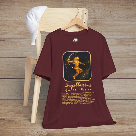 Maroon Sagittarius Zodiac T-Shirt featuring a golden archer design and optimistic astrology meaning