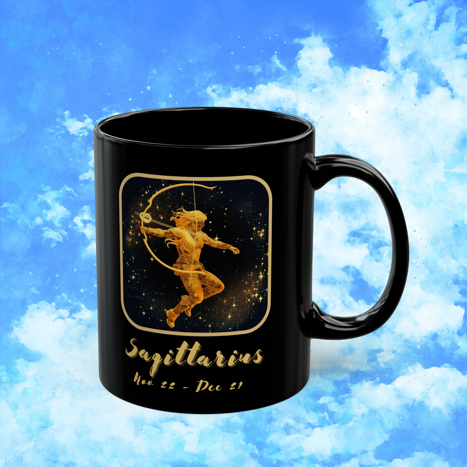 Sagittarius Zodiac Astrology Mug 11 oz right view with golden archer symbol and adventurous zodiac traits