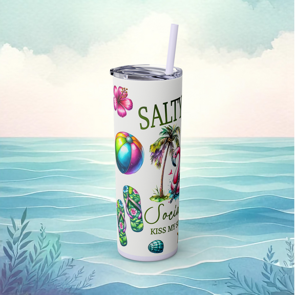 Left side of the Salty Bitch Social Club glitter lilac tumbler with colorful beach ball, tropical flip flops, pink hibiscus flower, and palm tree artwork