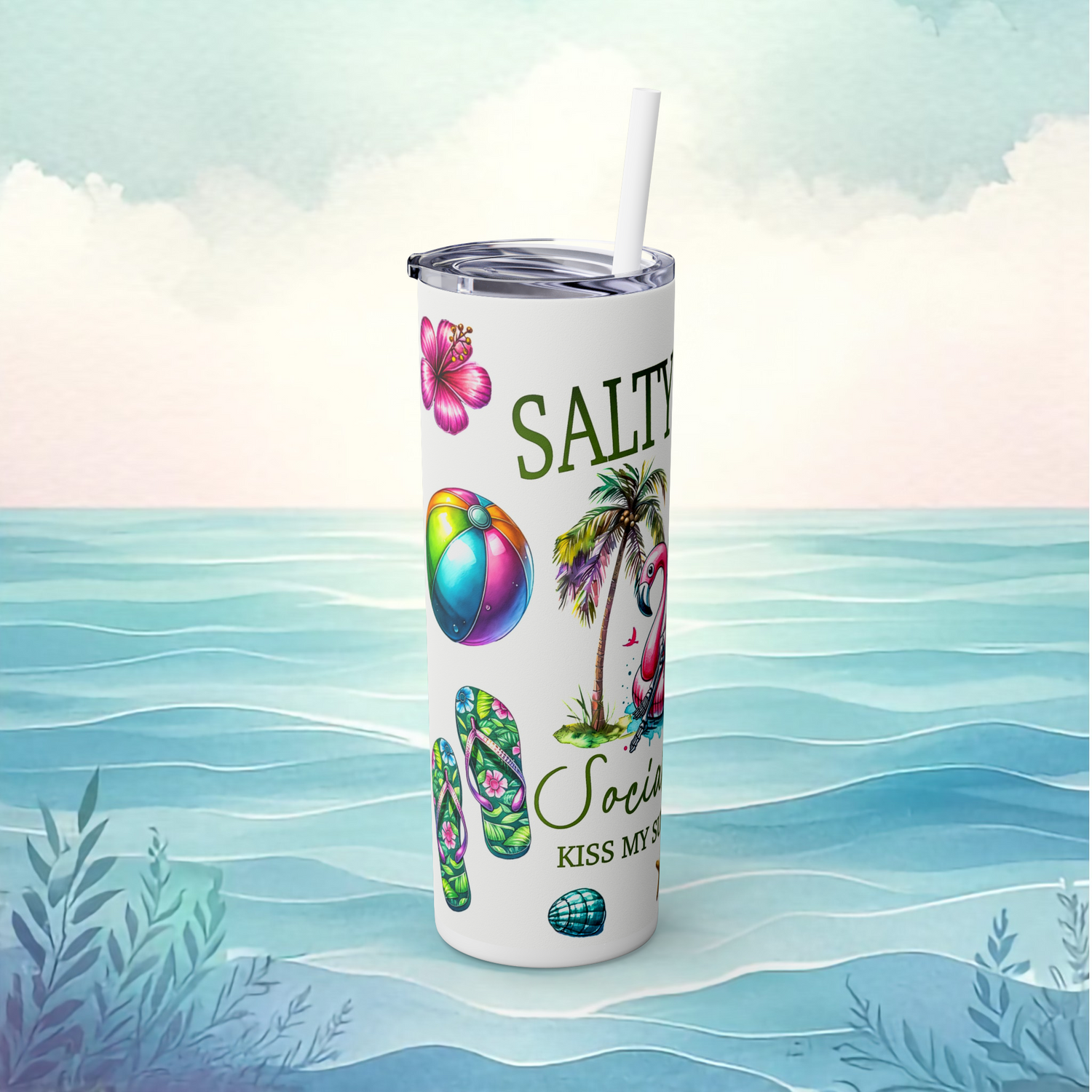 Left side of the white Salty Bitch tumbler design showing floral flip flops, rainbow beach ball, hibiscus, and tropical palm accents