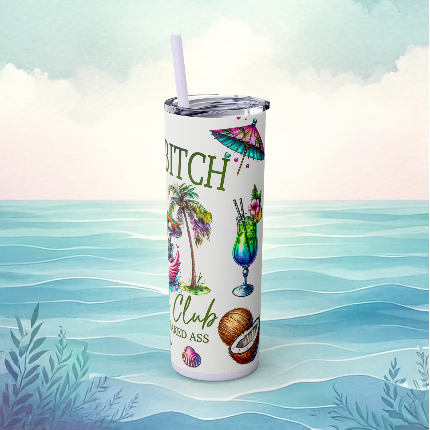 Right side of glitter lilac Salty Bitch tumbler showing beach cocktail in a hurricane glass, coconut, seashell, and paper umbrella