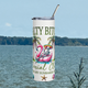 Front view of Salty Bitch Social Club 20oz stainless steel tumbler featuring skeleton on flamingo float and tropical beach art – bold funny drinkware by Peaceful Nature Designs