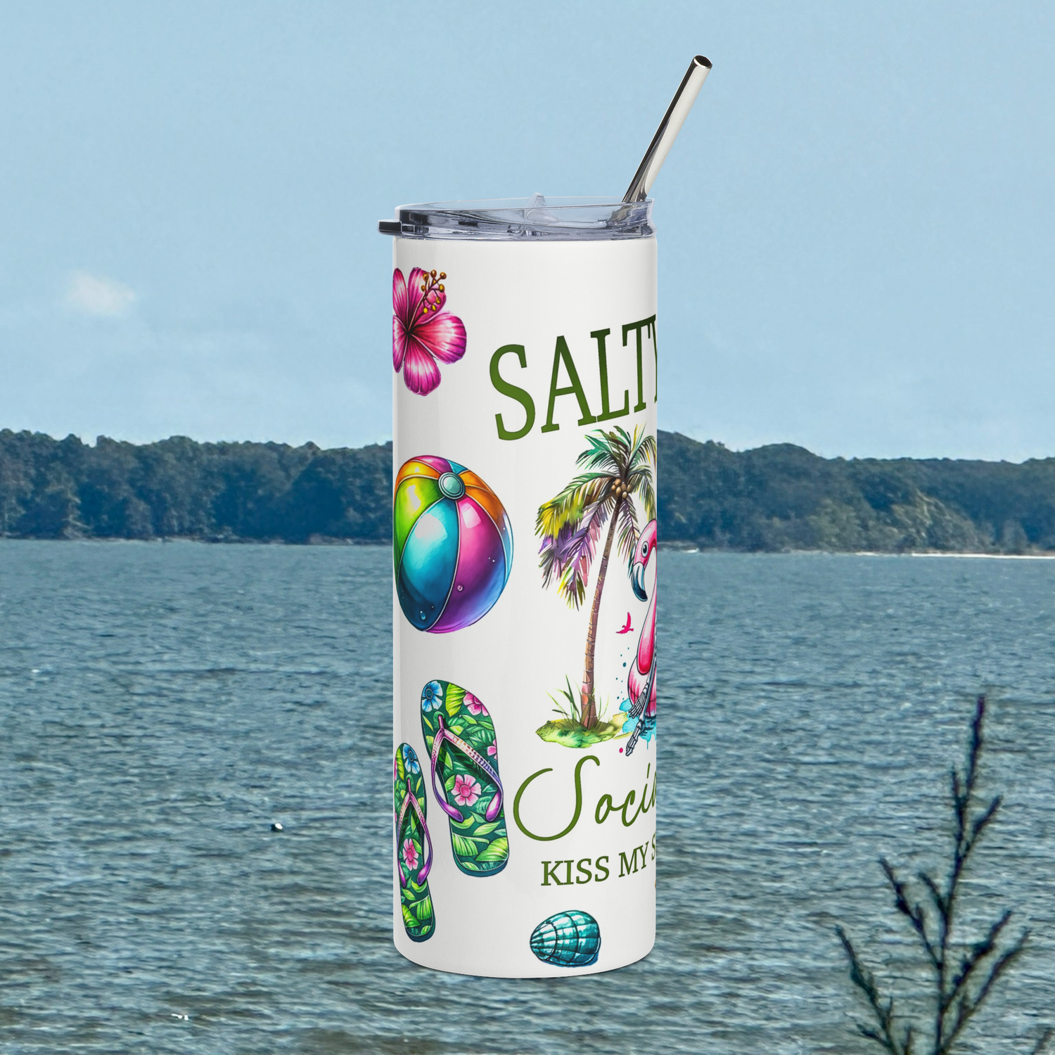 Left side of Salty Bitch Social Club 20oz stainless steel tumbler with beach ball, palm tree, and tropical artwork – insulated funny tumbler for beach lovers