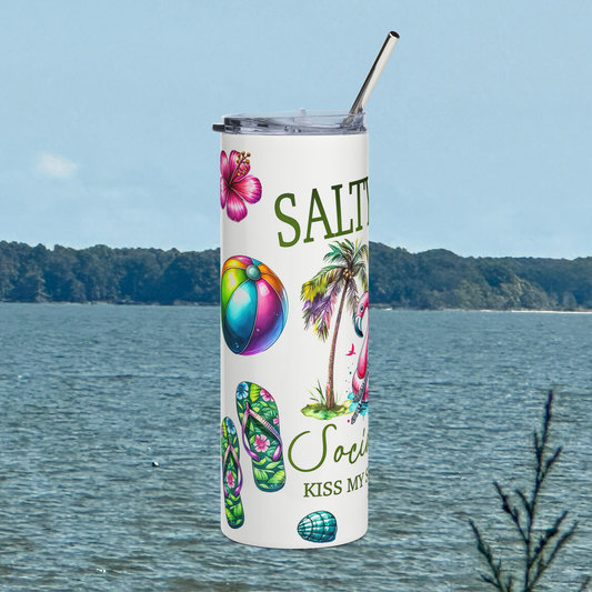 Left side of Salty Bitch Social Club 20oz stainless steel tumbler with beach ball, palm tree, and tropical artwork – insulated funny tumbler for beach lovers
