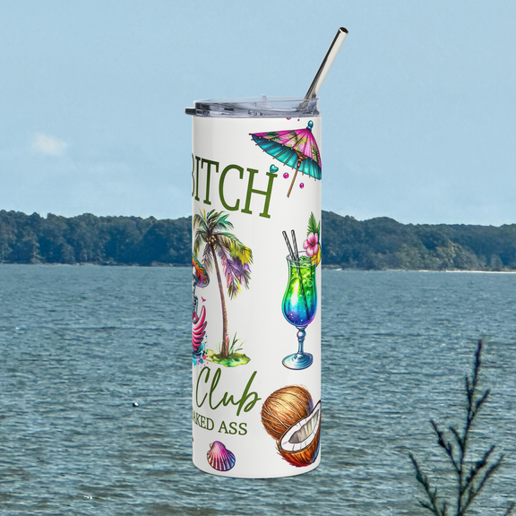 Right side view of Salty Bitch Social Club 20oz stainless steel tumbler with coconut drink and floral beach art – tropical humor tumbler by Peaceful Nature Designs