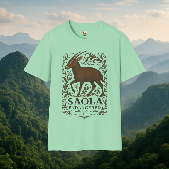 Saola Endangered Asian Unicorn T-Shirt in Mint Green – Artistic rendering of the endangered Saola framed by leaves and vines. Soft, breathable eco-conscious cotton tee shown with misty mountain scenery