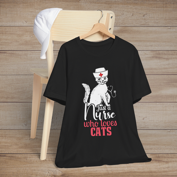 Black t-shirt featuring a playful white cat wearing a nurse’s cap with the words Just a Nurse Who Loves Cats