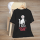 Black t-shirt featuring a playful white cat wearing a nurse’s cap with the words Just a Nurse Who Loves Cats