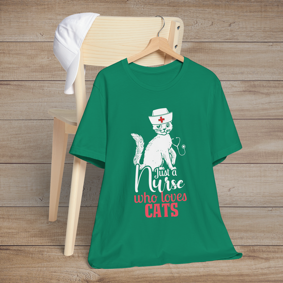 Kelly green t-shirt with an adorable white nurse cat design and the fun message Just a Nurse Who Loves Cats