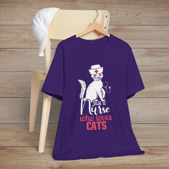 Purple t-shirt with a playful cat in a nurse’s hat sitting atop the words Just a Nurse Who Loves Cats