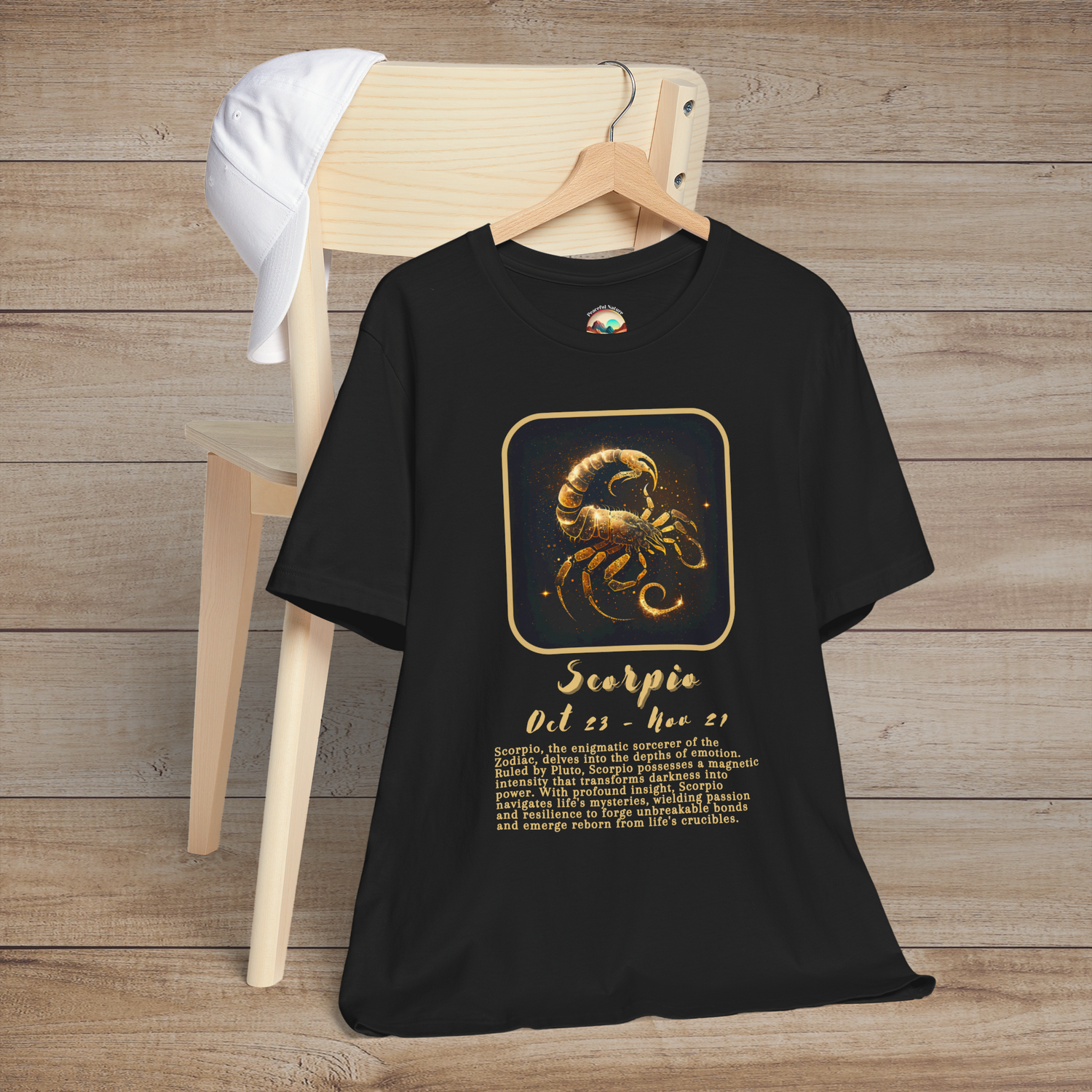Black Scorpio Zodiac T-Shirt with a gold scorpion symbol, birth dates, and traits of passion and intensity
