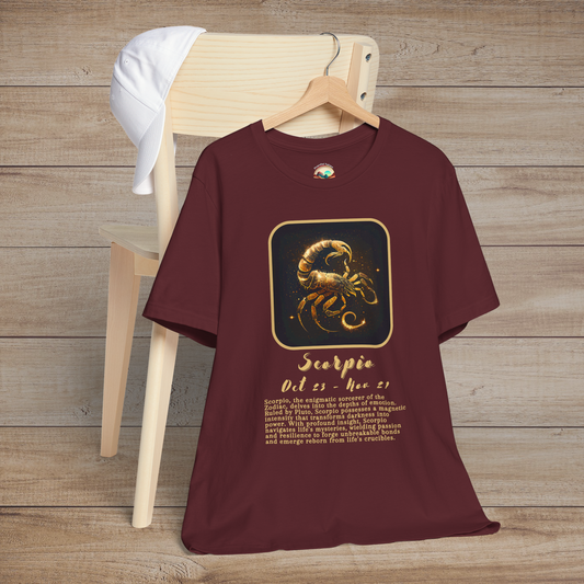 Maroon Scorpio Zodiac T-Shirt featuring a fierce gold scorpion symbol and powerful astrology traits