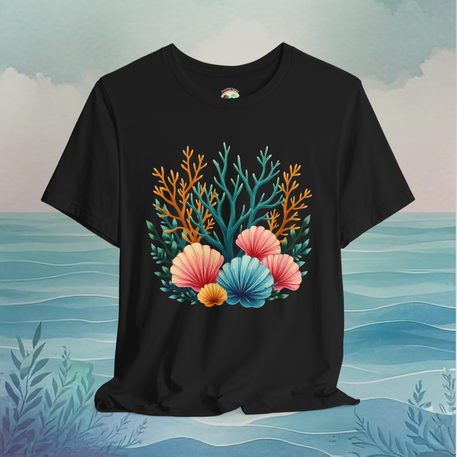 Black t-shirt with bold and colorful coral reef seashell artwork
