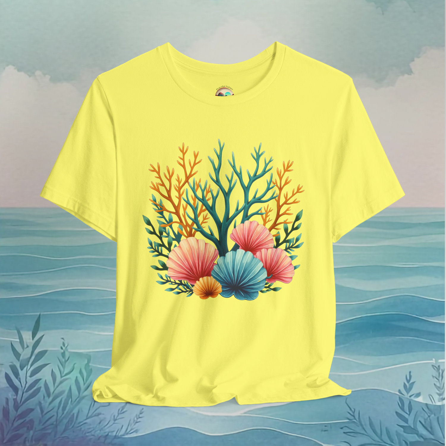 🌊 Seashell Coral Garden – Premium Ocean-Inspired Graphic Tee Yellow