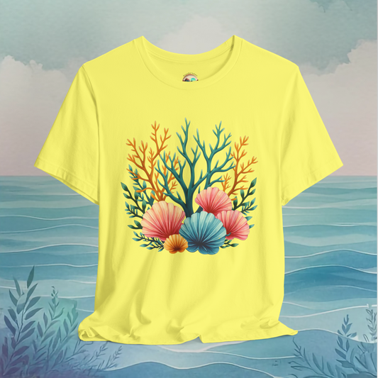 Bright yellow t-shirt with multicolored coral and fan seashell centerpiece