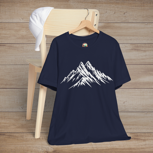 Navy blue t-shirt with a sleek white line art design of snowy mountains, perfect for outdoor lovers