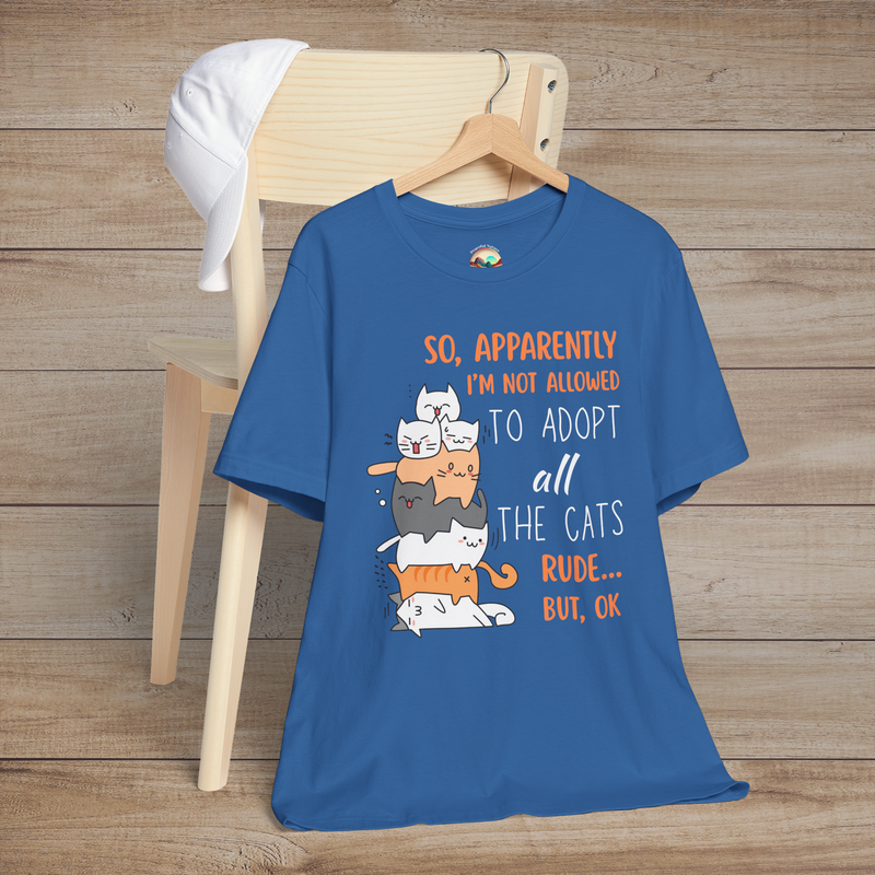 Blue unisex tee with funny cat adoption saying and stack of adorable cartoon cats for cat lovers.
