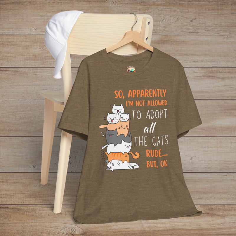 Heather olive unisex tee with funny cat adoption saying and stack of adorable cartoon cats for cat lovers.