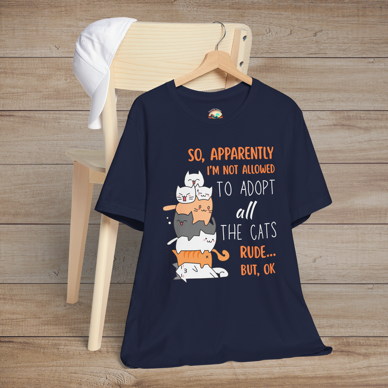 Navy blue shirt with cute cartoon cats stacked and a sarcastic pet adoption message for cat lovers.