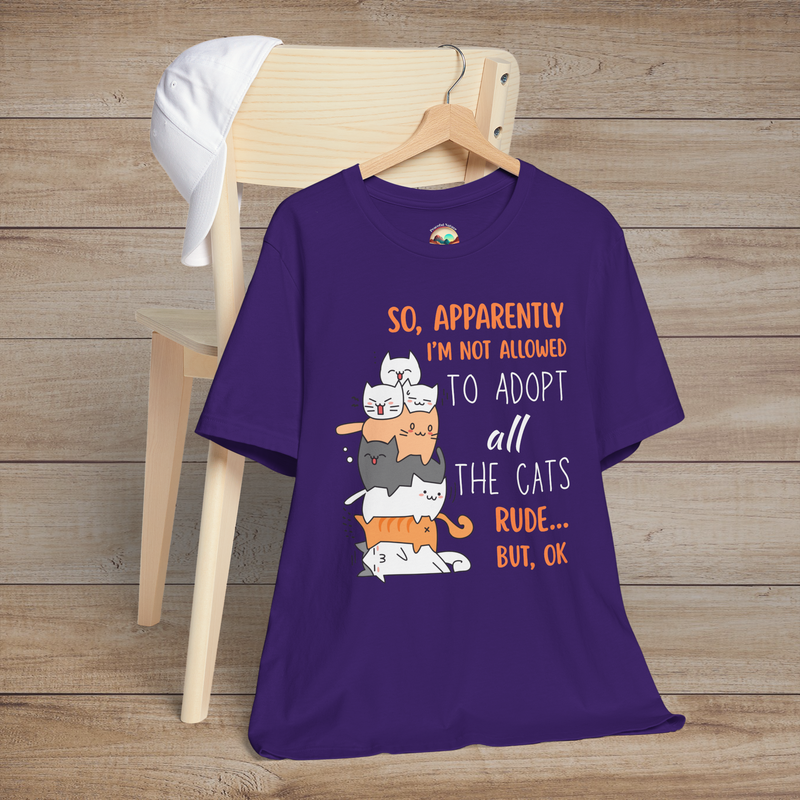 Purple tee for cat lovers with quirky stacked cats and humorous adoption quote “Rude, but OK.”