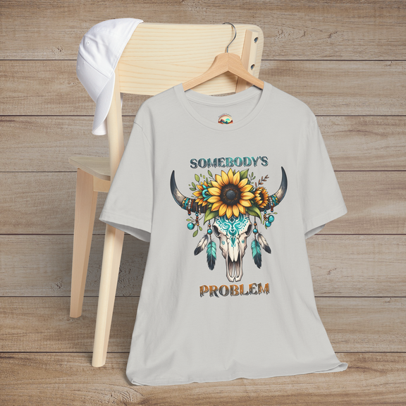 Somebody’s Problem T-Shirt featuring a Boho western skull with sunflowers and turquoise accents on silver fabric