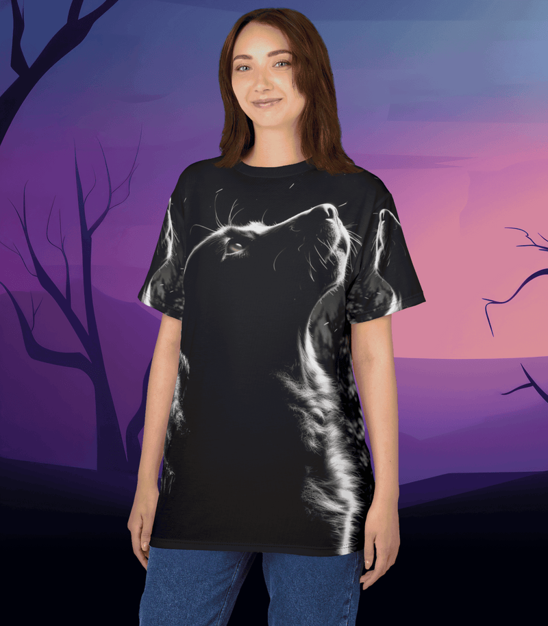 The Stargazing Dog Silhouette All-Over-Print T-Shirt Black stitching