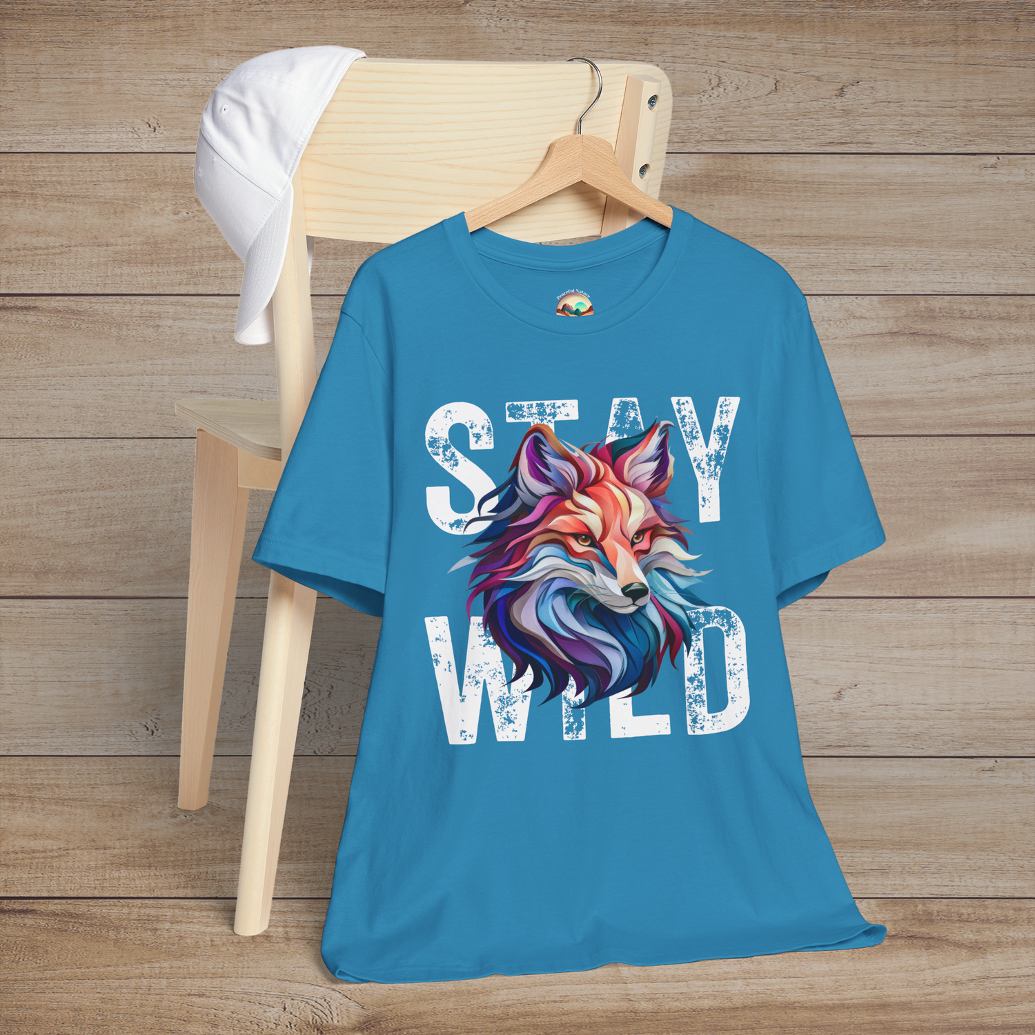 Aqua Stay Wild Fox t-shirt flatlay with vibrant colorful fox illustration
