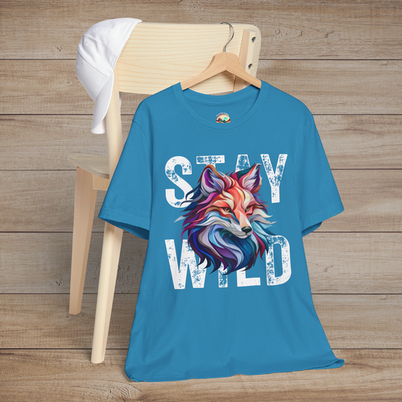 Aqua Stay Wild Fox t-shirt flatlay with vibrant colorful fox illustration