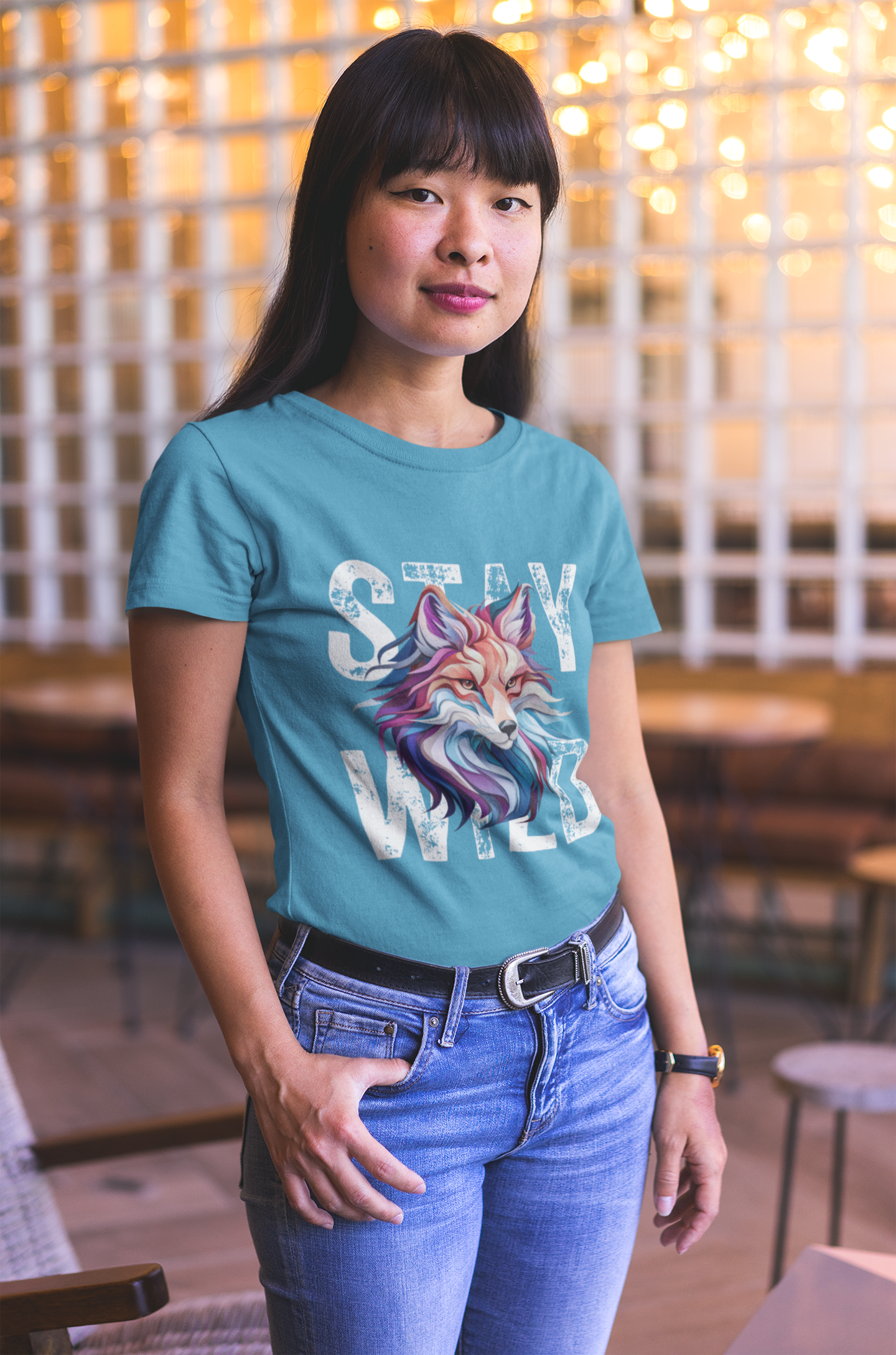 Woman wearing Aqua Stay Wild Fox t-shirt with colorful fox design indoors