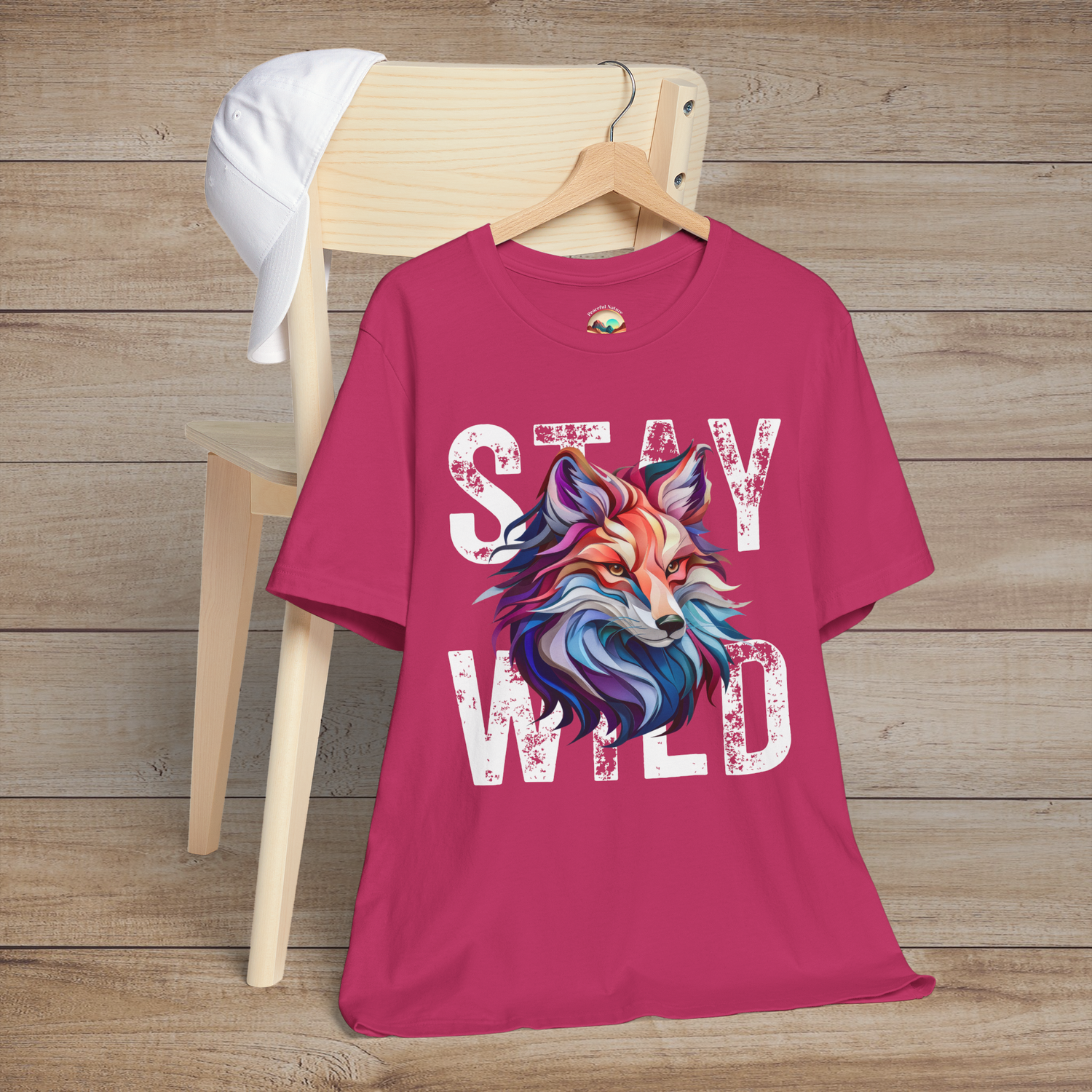 Berry Stay Wild Fox t-shirt flatlay with bold multicolor fox design