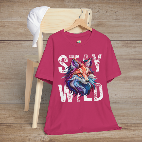 Berry Stay Wild Fox t-shirt flatlay with bold multicolor fox design