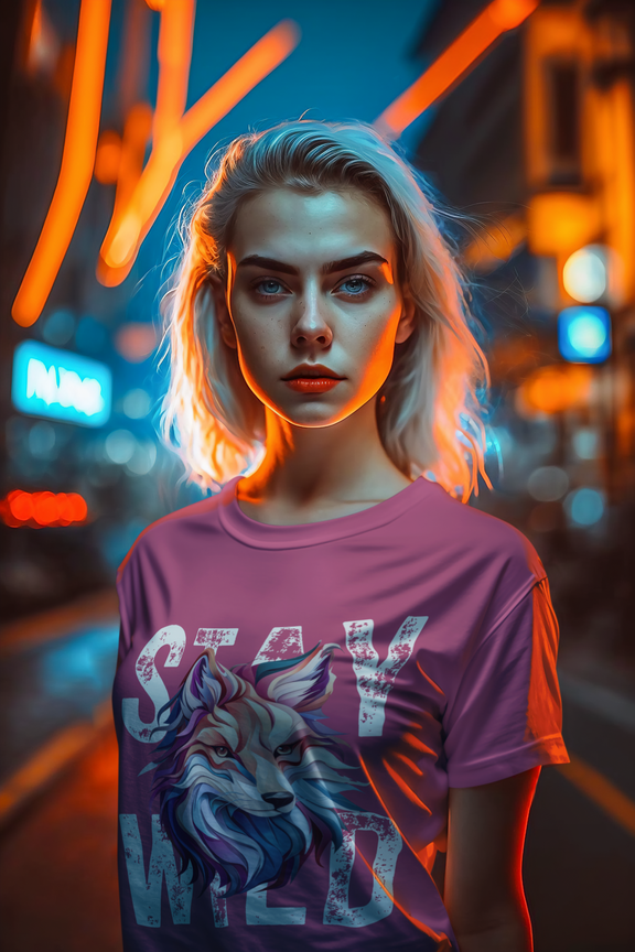 Woman wearing Berry Stay Wild Fox t-shirt at night with neon lights