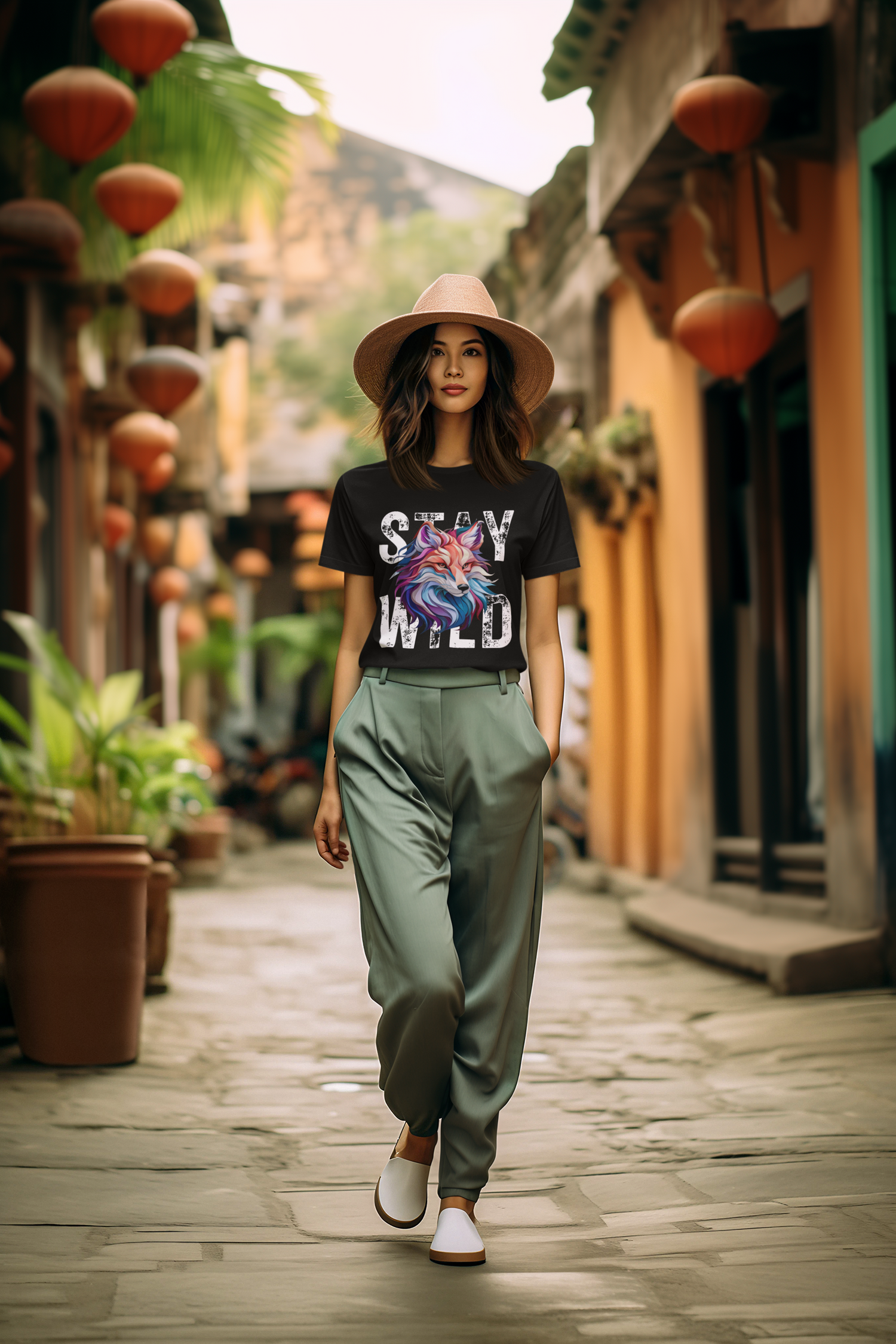 Woman walking outdoors wearing Black Stay Wild Fox t-shirt
