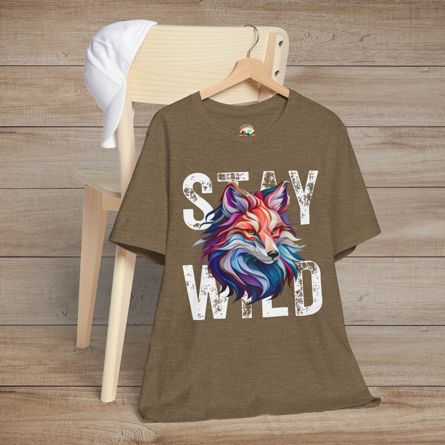 Heather Olive Stay Wild Fox t-shirt flatlay showcasing colorful fox print