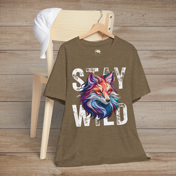 Heather Olive Stay Wild Fox t-shirt flatlay showcasing colorful fox print