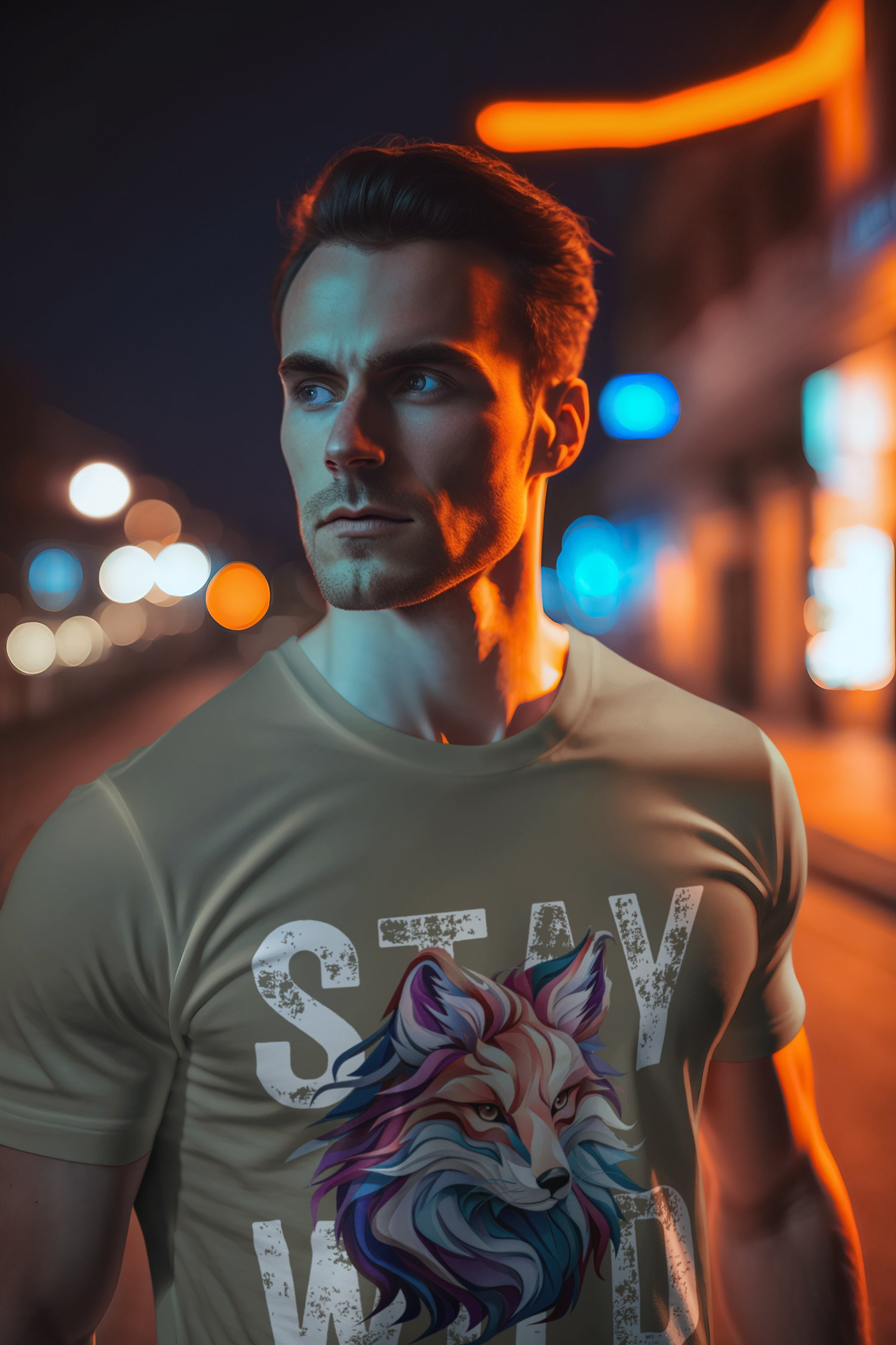 Man wearing Heather Olive Stay Wild Fox t-shirt under city lights