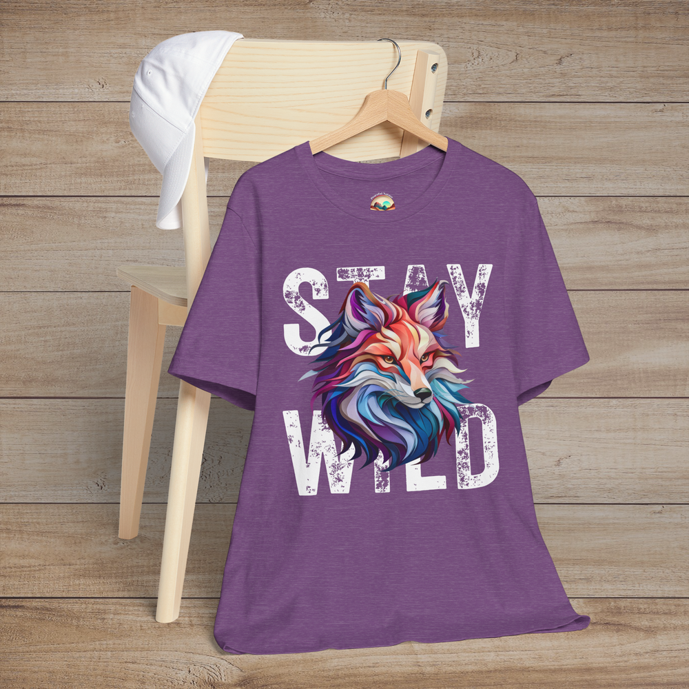 Heather Purple Stay Wild Fox t-shirt flatlay with wild fox illustration