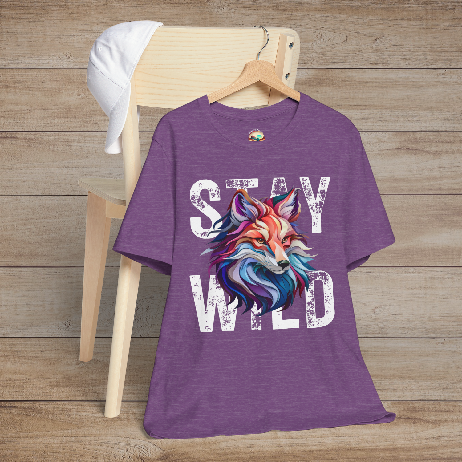 Heather Purple Stay Wild Fox t-shirt flatlay with wild fox illustration