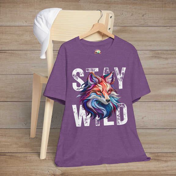Heather Purple Stay Wild Fox t-shirt flatlay with wild fox illustration