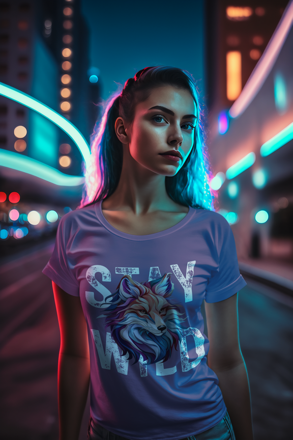 Woman in city at night wearing Heather Purple Stay Wild Fox t-shirt