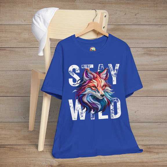 Royal Blue Stay Wild Fox t-shirt flatlay with vibrant fox art