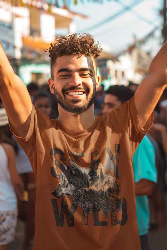 Smiling man celebrating in a crowd wearing the Stay Wild wolf t-shirt in autumn orange
