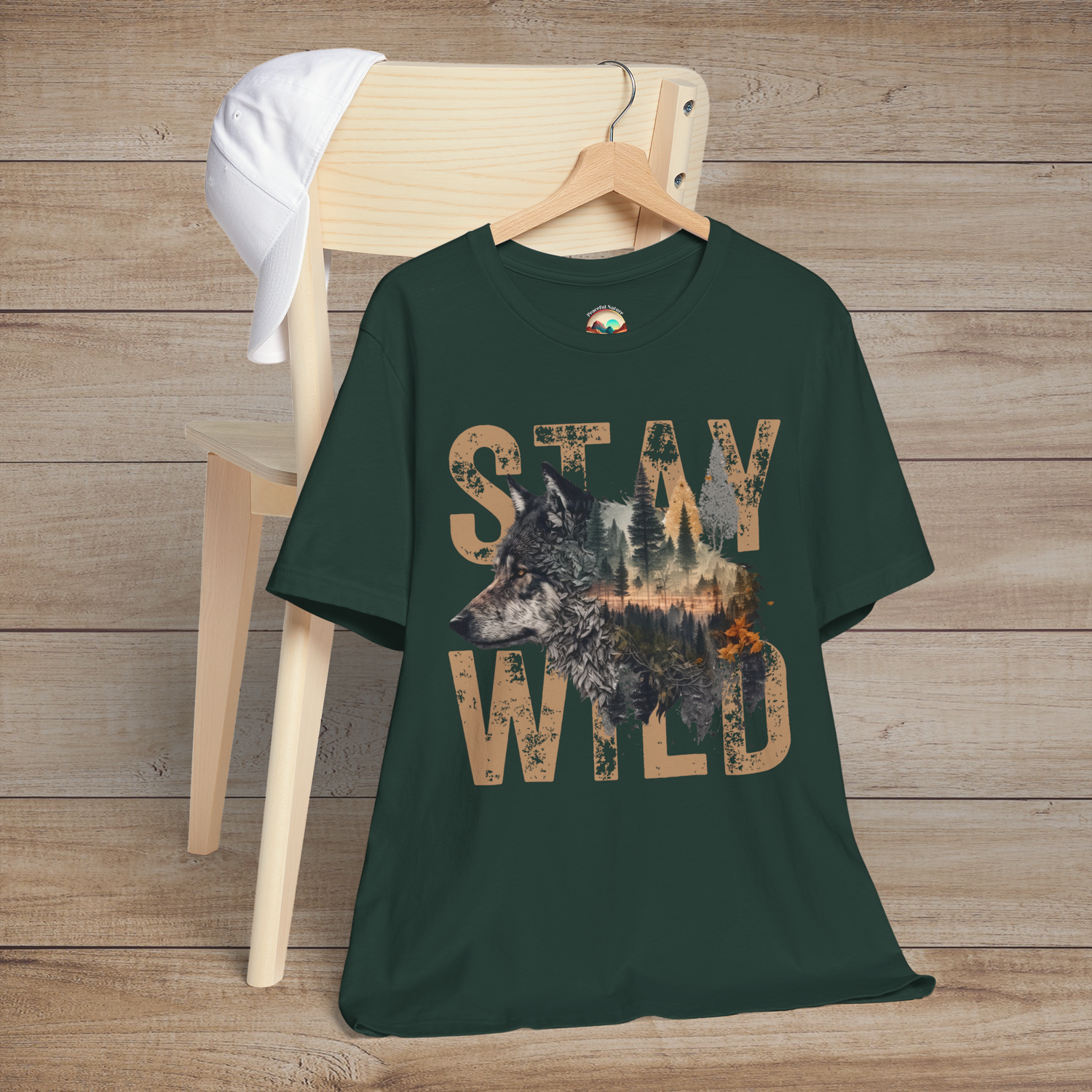 Dark forest green T-shirt with "Stay Wild" text and a scenic wolf and pine forest graphic in the middle, laid out on a chair for a cozy, woodland vibe