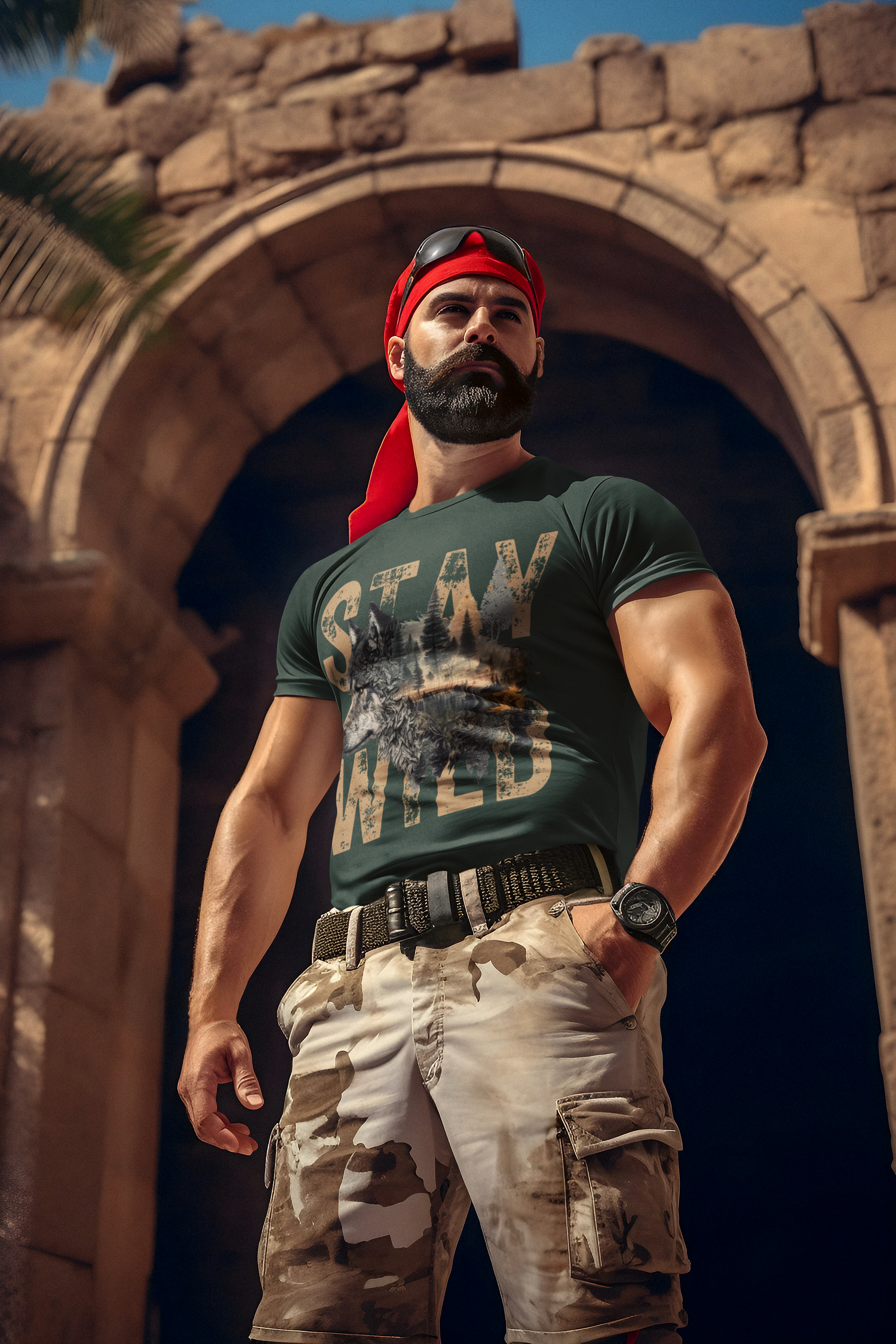 Muscular man standing confidently in front of ruins, wearing the Stay Wild wolf t-shirt in forest green