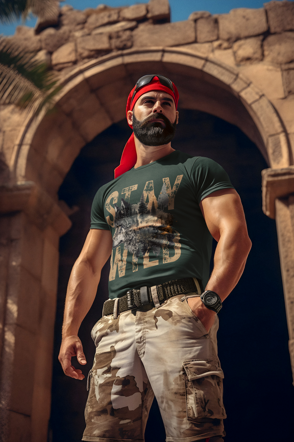 Muscular man standing confidently in front of ruins, wearing the Stay Wild wolf t-shirt in forest green