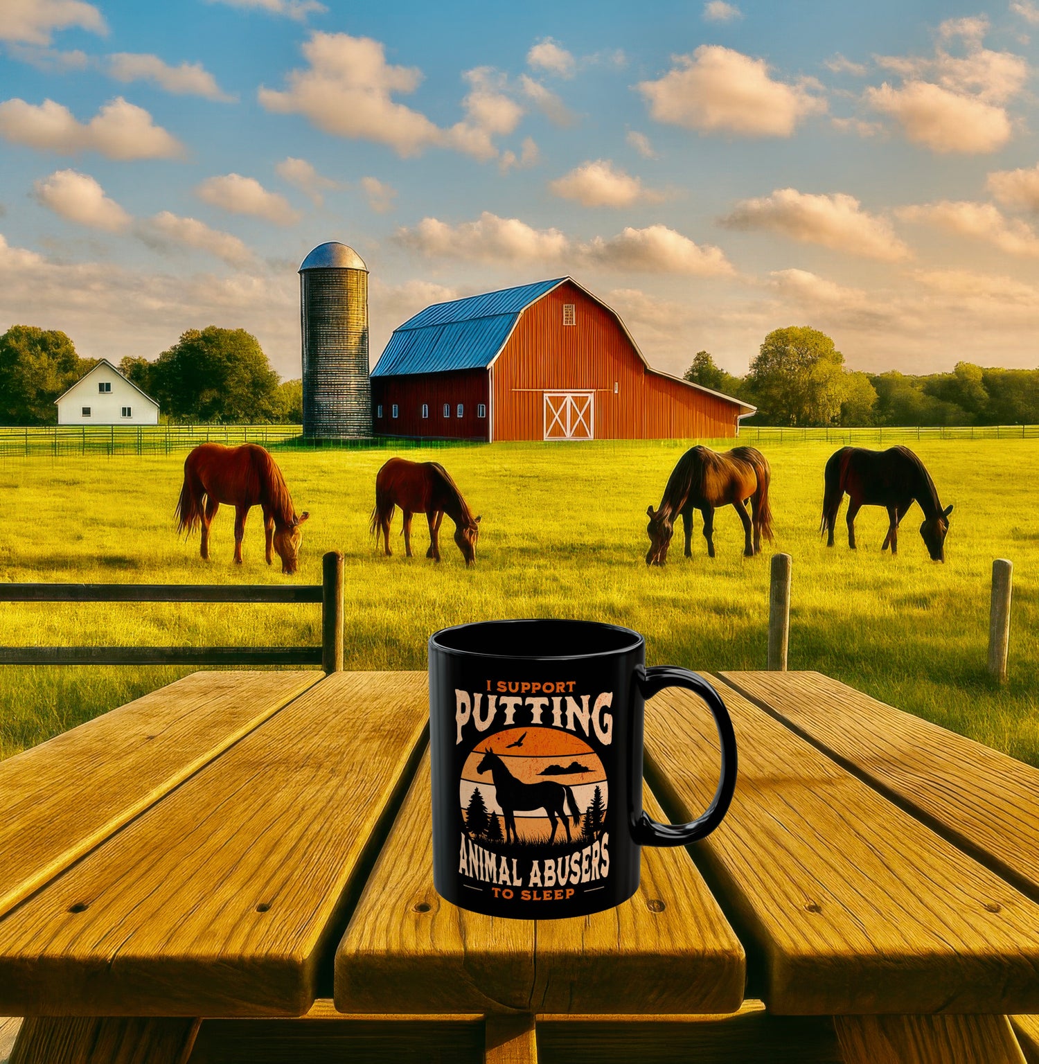 Black 11oz coffee mug (right view) with bold horse silhouette and anti-animal abuse message, displayed outdoors on picnic table in front of barn and grazing horses.